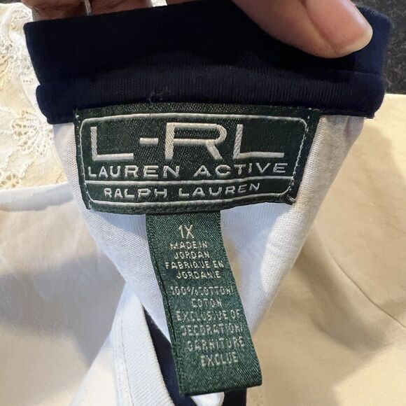 Lauren Active Ralph Lauren Crop Top Womens 1X Cream Cotton Raw Hem Pocket Logo T - Picture 13 of 13